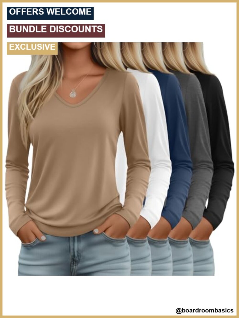 5-Pack Women's V-Neck Long Sleeve T-Shirts - Loose Fit, Casual
